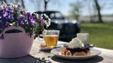 Een gebakje met slagroom, daarachter een lekker kopje thee.